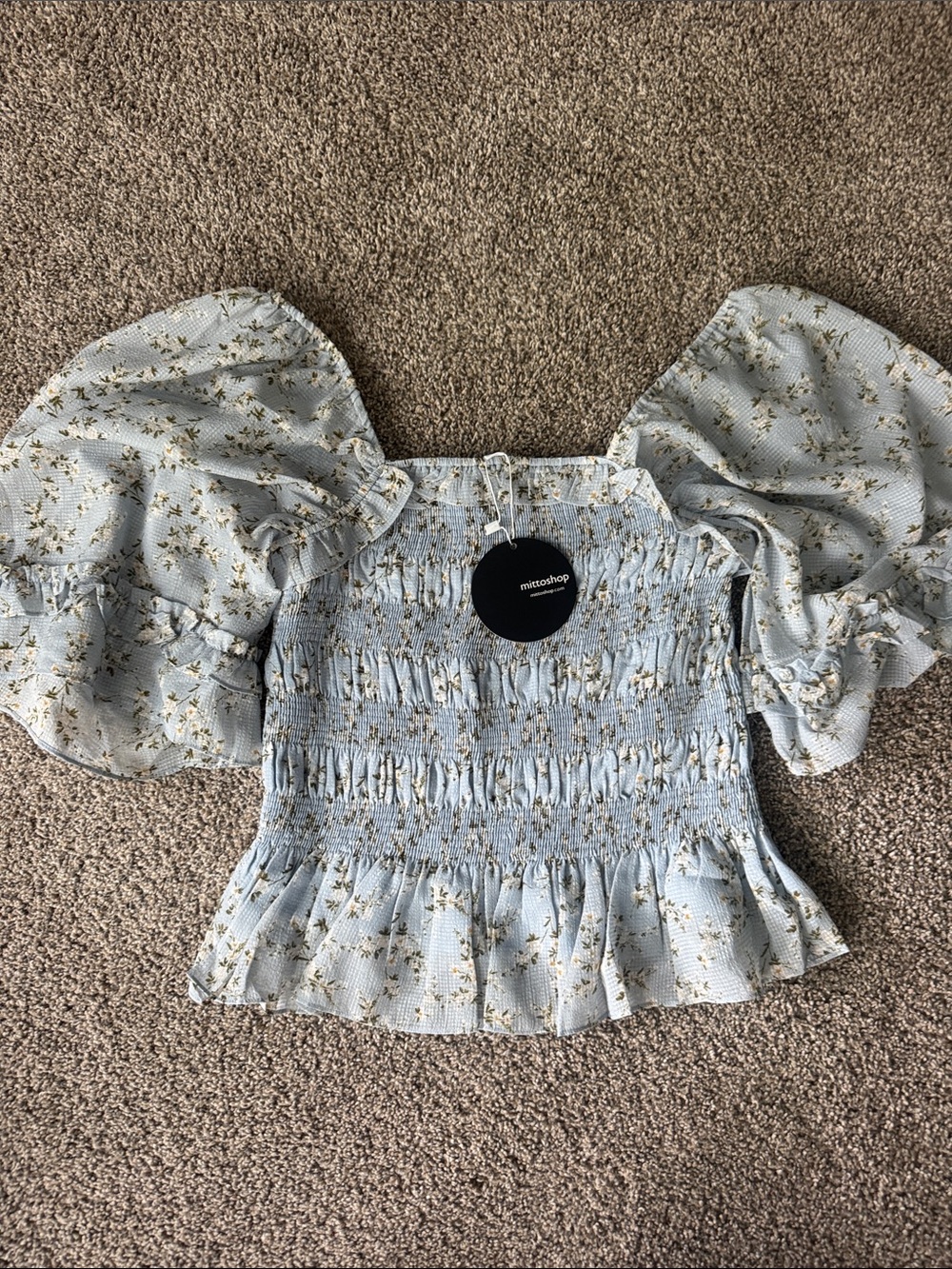 mittoshop Blue Floral Smocked Puff Sleeve Blouse